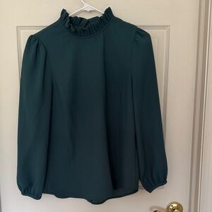 Crepe Ruffled Mock Neck Long Sleeve Blouse - Deep Teal